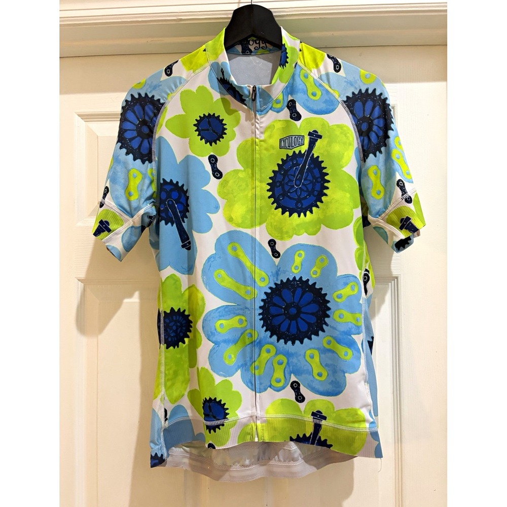 Cyclology Cycling Jersey Women's W-2XL Blue Floral Full Zip Short Sleeve